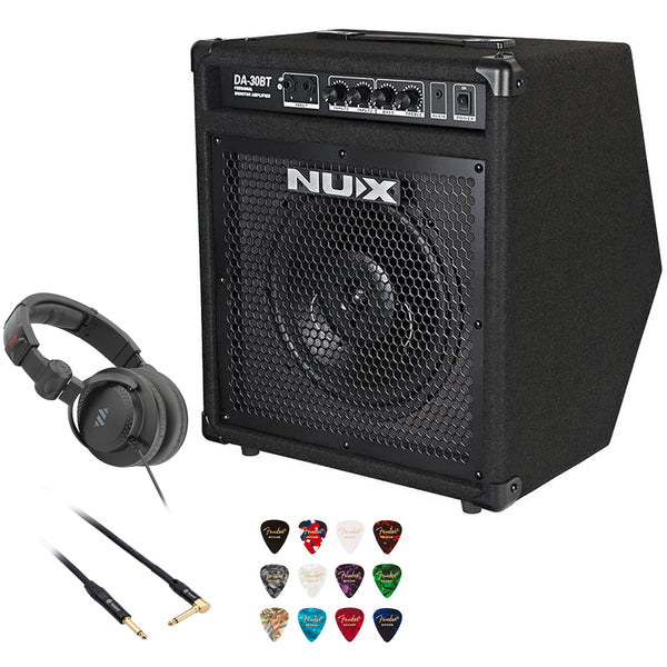 NUX DA-30BT Bluetooth Personal Monitor Amplifier Bundle with Polsen HPC-A30-MK2 Studio Monitor Headphones, Kopul 10' Instrument Cable, and Fender 12-Pack Picks