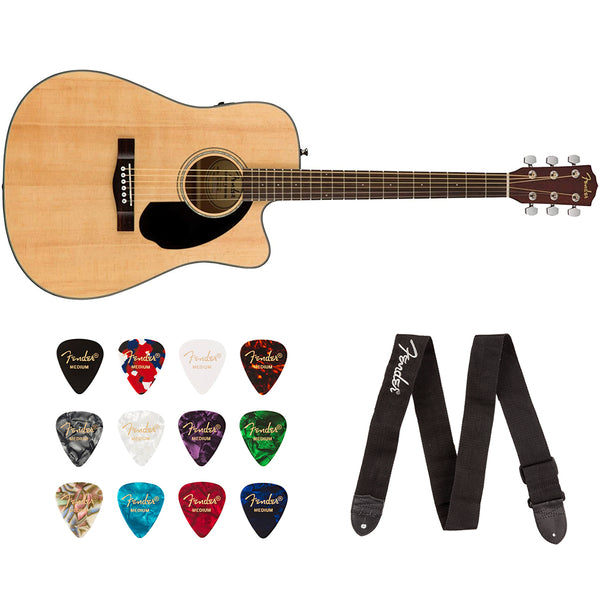 Fender CD-60SCE Dreadnought Acoustic Guitar (Natural) Bundle with Fender Classic Celluloid Guitar Medium 12-Pack Picks 351 Shape and Fender 2" Guitar Straps