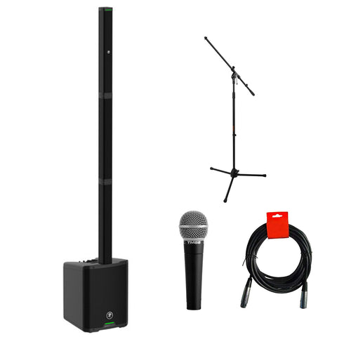 Mackie SRM-FLEX Portable 1300W Column PA System Bundle with Superlux TM58 Dynamic Vocal Microphone with Auray MS-5230F Tripod Microphone Stand and XLR-XLR Cable