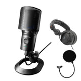Audio-Technica Cardioid Condenser USB Microphone (AT2020USXP) Bundle with Polsen HPC-A30-MK2 Monitor Headphones & Pop Filter