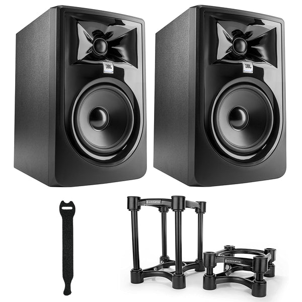 JBL 305P MkII Professional 5" Powered Studio Monitor (Pair) Bundle with IsoAcoustics ISO-155 Medium Speaker Monitor Isolation Stands (Pair), and 10-Pack Fastener Straps