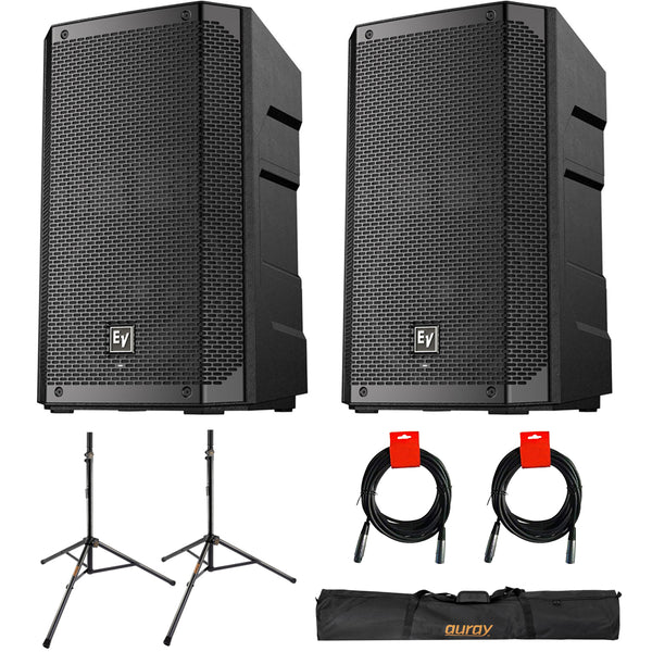 Electro-Voice ELX200-10P 10" 2-Way 1200W Powered Speaker Bundle with Auray SS-47S-PB Steel Speaker Stands with Carrying Case and 2X XLR-XLR Cables
