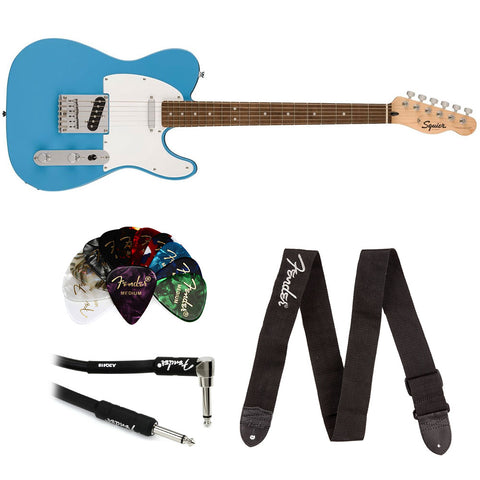 Squier Sonic Telecaster Electric Guitar, with 2-Year Warranty, California Blue, Laurel Fingerboard Bundle with Fender Logo Guitar Strap Black, Fender 12-Pack Celluloid Picks, and Straight/Angle Instrument Cable