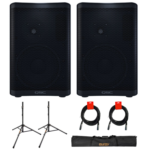 QSC CP8 Two-Way 8" 1000W Compact Powered Loudspeaker with DSP (Pair) with Auray SS-47S-PB Steel Speaker Stand with Case and 2x XLR-XLR Cable