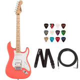 Squire Sonic Stratocaster Electric Guitar, Tahitian Coral, Maple Fingerboard, White Pickguard Bundle with Fender Logo Guitar Strap Black, Fender 12-Pack Celluloid Picks, and Gator Guitar Stand