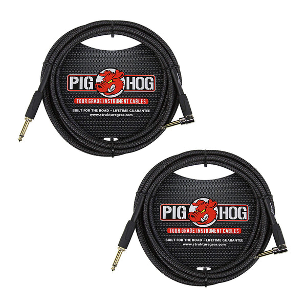 Pig Hog PCH10BKR Black Woven Instrument Cable, 10ft Right Angle (2-Pack)