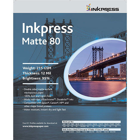 Inkpress Duo Matte 80 Inkjet Paper, 215 gsm Weight, 12 mil Thickness, 99% Brightness, Double Sided, 8x10", 50 Sheets