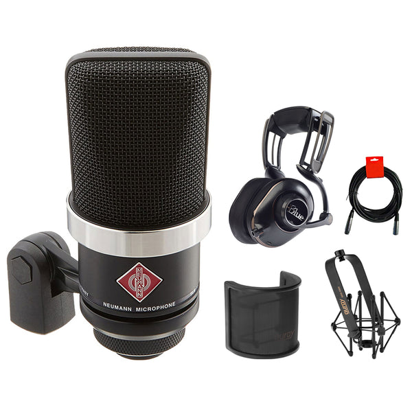 Neumann TLM-102 Studio Condenser Microphone (Black) with Blue Mix-Fi Headphone, Shockmount, Mic Pop Screen & XLR Cable Bundle