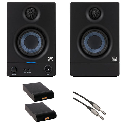 PreSonus Eris 3.5 Gen 2 Powered 3.5-Inch 50W Power Desktop Speakers Bundle with Pair of Auray IP-S Small Isolation Pad and 1/4" TRS Male to Male Audio Cable