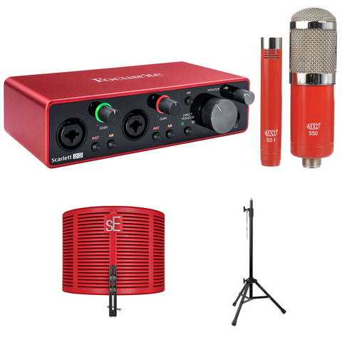 Focusrite Scarlett 2i2 3rd Gen USB Audio Interface Bundle with MXL 550/551 Ensemble Kit (Red), RF-X Reflexion Filter X (Red), and Filter Tripod Mic Stand