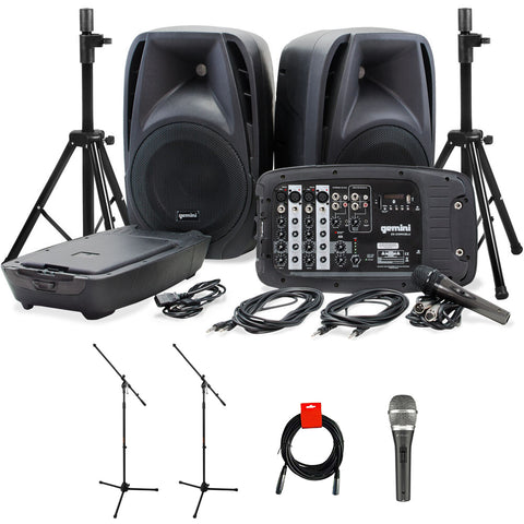 Gemini ES-210MXBLU-ST 600W 10" Portable PA System Pack with Powered Mixer, Speakers, Stands, Mic, and Cables (Pair) Bundle with Polsen Handheld Microphone, Tripod Microphone Stand, and XLR-XLR Cable