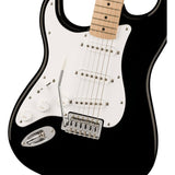 Squier Sonic Stratocaster Electric Guitar Black, Maple Fingerboard, White Pickguard, Left-Handed Bundle with Fender Logo Guitar Strap Black, Fender 12-Pack Celluloid Picks, and Straight/Angle Instrument Cable