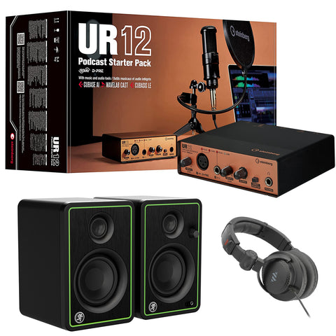 Steinberg UR12B PS Podcast Starter Pack with Mic, Mic Stand, and Pop Shield Bundle with Mackie CR3-X Multimedia Monitors (Pair, Green) and Polsen Monitor Headphones