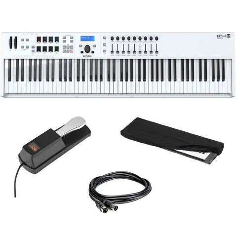 Arturia KeyLab Essential 88 - White Universal MIDI Controller and Software with Universal Piano-Style Sustain Pedal, Black MIDI Cable and Keyboard Dust Cover.