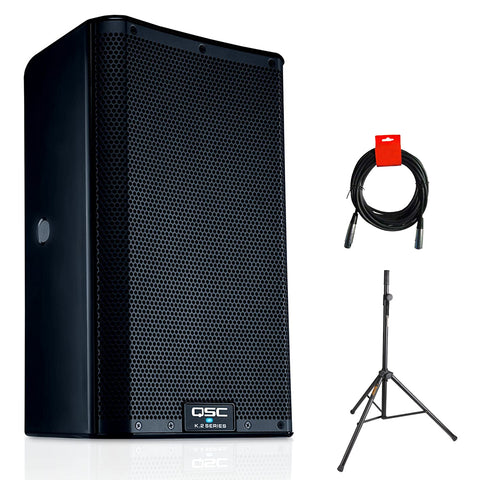 QSC K8.2 Two-Way 8" 2000W Powered Portable PA Speaker with DSP Processor Bundle with Auray SS-4420 Steel Speaker Stand and XLR-XLR Cable