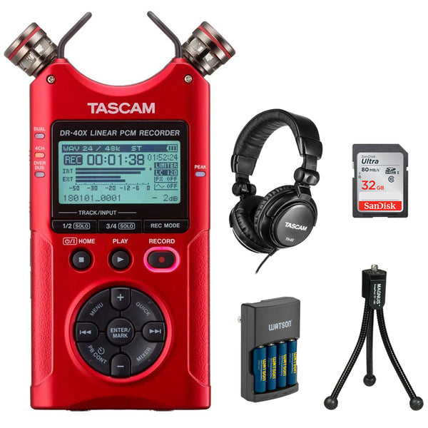 Tascam DR-40X Four-Track Digital Audio Recorder (Red) Bundle with Tascam TH-02 Headphones, 32GB Memory Card, Charger & Tripod