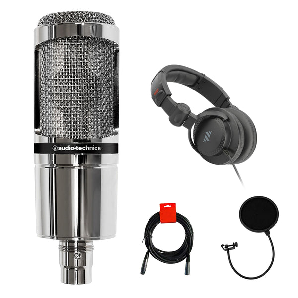 Audio-Technica AT2020 Cardioid Condenser Microphone (Limited Edition) Bundle with Studio Monitor Headphones, Pop Filter & XLR Cable
