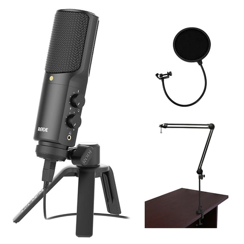 Rode NT-USB Versatile Studio-Quality USB Cardioid Condenser Microphone (Black) Bundle with Two-Section Broadcast Arm and Pop Filter