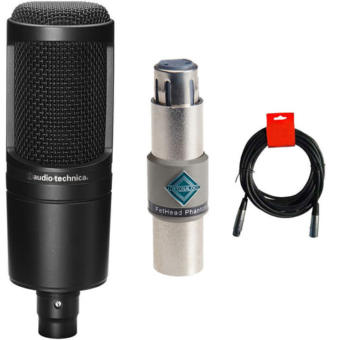 Audio-Technica AT2020 Cardioid Condenser Microphone (Black) Bundle with Triton Audio FetHead Phantom In-Line Microphone Preamp and XLR Cable