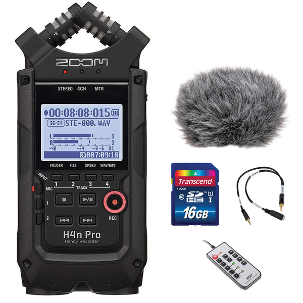 Zoom H4n Pro All Black 4-Track Portable Recorder (2022) Bundle with 16GB Memory Card, MicAttenuator Cable, Windbuster, and Remote Control for H4n