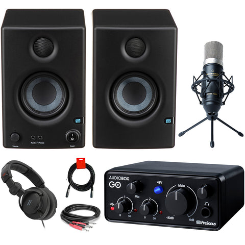 PreSonus AudioBox GO Ultracompact USB Type-C Audio Interface Bundle with PreSonus Eris E3.5 3.5" Nearfield Monitor (Pair), Marantz Pro MPM-1000 Mic, Polsen Headphone, 1/4" Audio Cable and XLR-XLR Cable