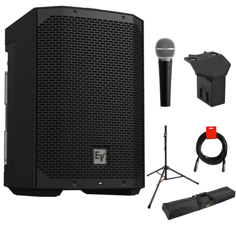 Electro-Voice EVERSE 8 Weatherized Powered Speaker with Bluetooth Control Bundle with Electro-Voice Battery Pack for EVERSE 8, Auray SS-47S Speaker Stand, Speaker Bag, Vocal Mic and XLR-XLR Cable