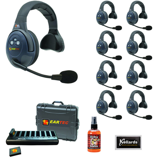 Eartec EVADE EVX9S Full-Duplex Wireless Intercom System with 9 Single-Ear Headsets (2.4 GHz) Bundle with Goby Labs Spray for Headphones and Kellards Cleaning Wipes (5-Pack)