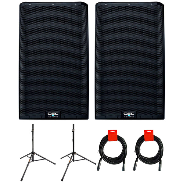 QSC K12.2 Active 12" Powered 2000 Watt Loudspeaker (Pair) Bundle with 2x Auray Steel Speaker Stand and 2x XLR-XLR Cable