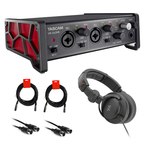 Tascam US-2x2HR Desktop 2x2 USB Type-C Audio/MIDI Interface Bundle with Studio Monitor Headphone, MIDI & XLR Cable