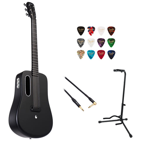 LAVA ME 2 Carbon Fiber Guitar with Effects 36" Acoustic-Electric Guitar (Black) Bundle with Kopul 10' Instrument Cable, Fender 12-Pack Picks, and Gator Guitar Stand