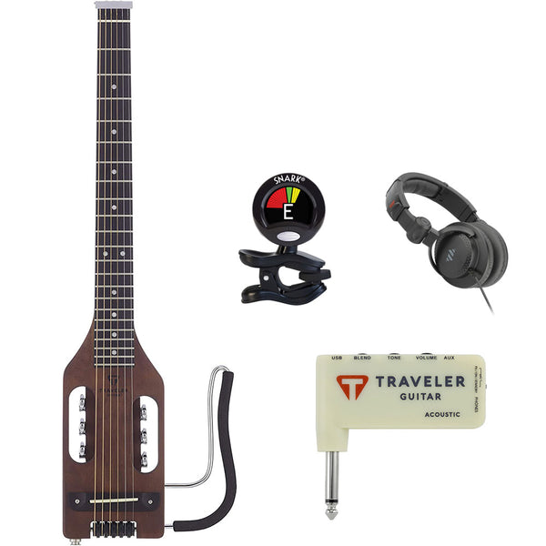 Traveler Guitar Ultra-Light Acoustic Acoustic-Electric Guitar, Antique Brown (ULA ABNS) Bundle with TGA-1A Acoustic Headphone Amp, Professional Studio Headphones, and Clip-On Guitar Tuner