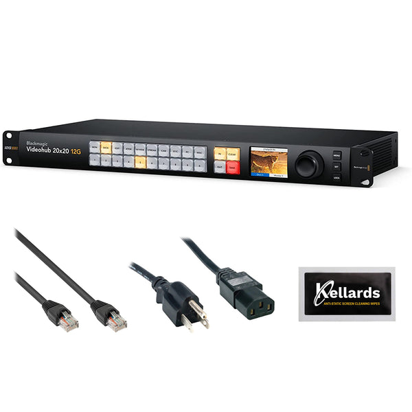 Blackmagic Design Videohub 20x20 12G Zero-Latency Video Router Bundle with Pearstone Cat 6a Patch Cable, 6' PC Power Cord, and Kellards 5-Pack Cleaning Wipes