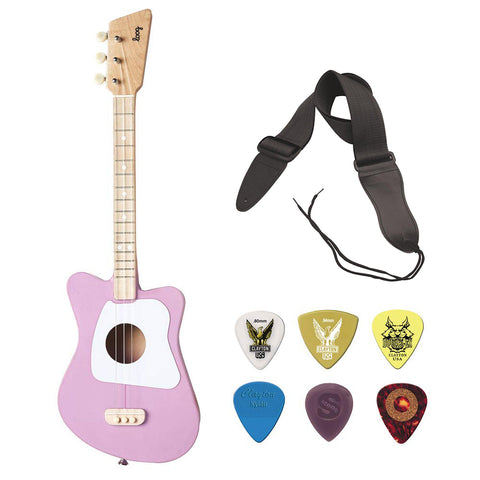 LOOG Mini Guitar for Children (Magenta) with GSA10BK Guitar Strap (Black) & Guitar Pick Assortment 6-Pack Bundle