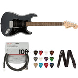 Squier by Fender Affinity Series Stratocaster HH, Indian Laurel fingerboard (Charcoal Frost Metallic) Bundle with Fender 10ft Cable (Straight/Straight), Guitar 12-Pack Picks, and 2" Guitar Straps