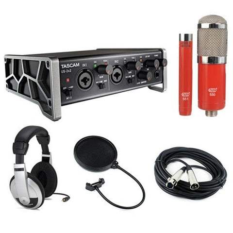 Tascam US-2x2 2-Channel USB Audio Interface Kit w/ Microphone Ensemble Kit -Red