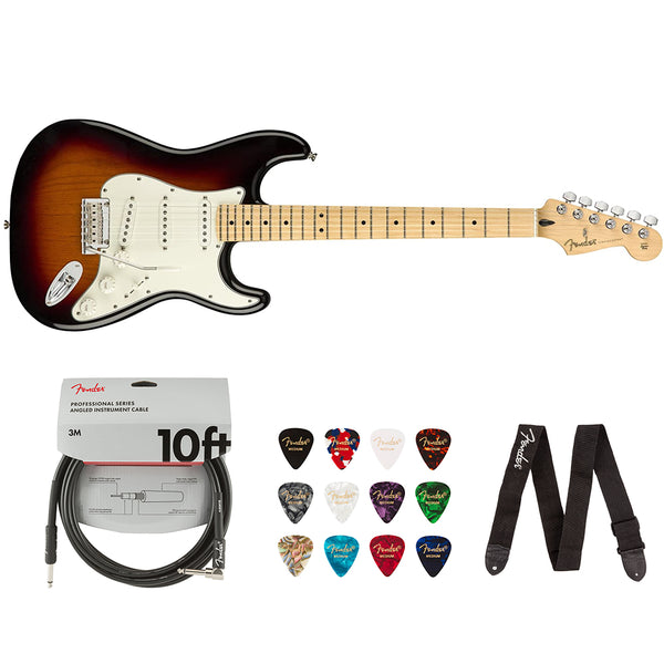 Fender Player Stratocaster Electric Guitar (Maple Fingerboard, 3 Color Sunburst) Bundle with Fender Pro 10ft Instrument Cable (Straight/Straight), Fender Guitar 12-Pack Picks, and Fender 2" Guitar Straps