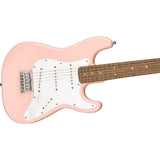 Squier Mini Stratocaster Electric Guitar- Shell Pink Bundle with Fender Professional Instrument Cable (10ft), Logo Guitar Strap and Classic Celluloid Guitar Picks 12-Pack