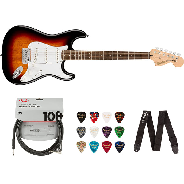 Squier by Fender Affinity Series Stratocaster (Indian Laurel fingerboard, 3-Color Sunburst) Bundle with Fender 10ft Cable (Straight/Straight), Fender Guitar 12-Pack Picks, and Fender 2" Guitar Straps