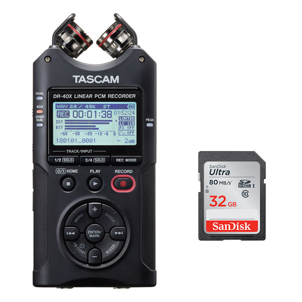 Tascam DR-40X 4-Channel / 4-Track Portable Audio Recorder with Adjustable Stereo Microphone & SanDisk 32GB Memory Card Bundle