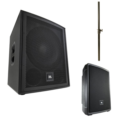 JBL IRX115S Compact Powered 15" Portable Subwoofer Bundle with Compact Powered 12" Portable Speaker with Bluetooth and On-Stage Subwoofer Pole with M20 Thread