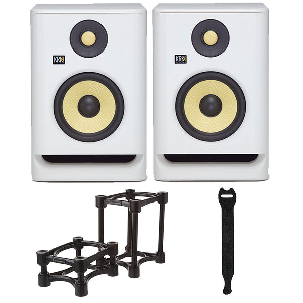 KRK RP5 Rokit 5 G4 Professional Bi-Amp 5" Powered Studio Monitor Noise White (2-pack) Bundle with Medium Speaker Monitor Acoustic Isolation Stands and 0.5 x 6" Touch Fastener Straps