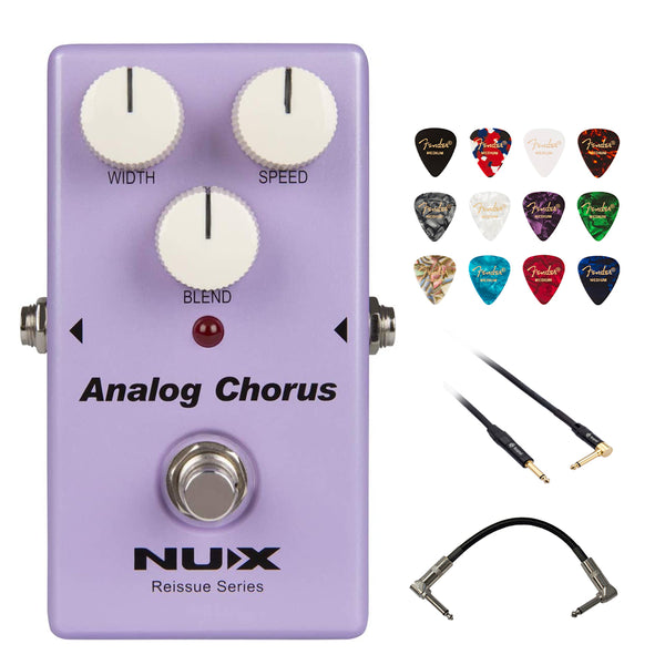 NUX Analog Chorus Guitar Effect Pedal Bundle with Kopul 10' Instrument Cable, Strukture S6P48 6" Patch Cable Right Angle, and Fender 12-Pack Picks