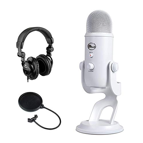 Blue Yeti USB Microphone (Whiteout) with HPC-A30 Studio Monitor Headphones & Pop Filter Bundle