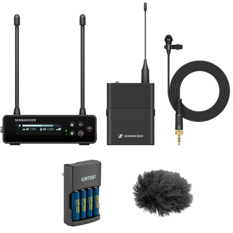 Sennheiser EW-DP ME 2 SET Camera-Mount Digital Wireless Omni Lavalier Mic System (Q1-6: 470 to 526 MHz) Bundle with Auray WLW Fuzzy Windbuster and Watson AANM-CK25 Rapid Charger