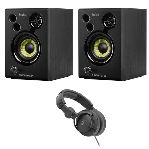 Hercules DJ Monitor 32 3" Active Multimedia Speakers (Pair) Bundle with Polsen HPC-A30-MK2 Studio Monitor Headphones