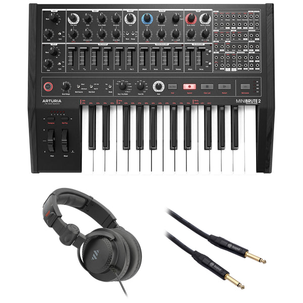 Arturia MiniBrute 2 Special Edition Noir Semi-Modular Monophonic Analog Synthesizer (Black) Bundle with Polsen HPC-A30-MK2 Studio Monitor Headphones and 1/4" Phone to Phone Cable