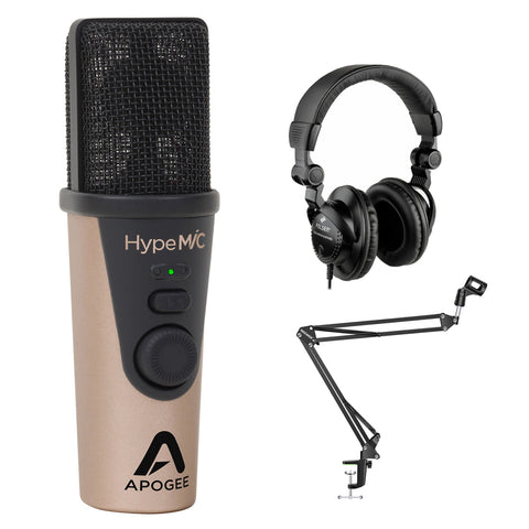 Apogee Electronics HypeMiC USB Cardioid Condenser Microphone with Polsen HPC-A30 Studio Headphones & Mic Boom Scissor Arm Stand Bundle