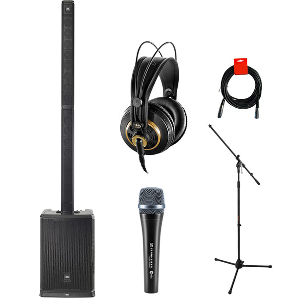 JBL PRX ONE All-in-One Powered Column Array PA System with 7-Channel Mixer Bundle with AKG K240 Studio Pro Headphones, Sennheiser e935 Dynamic Mic, Tripod Microphone Stand, and XLR Cable