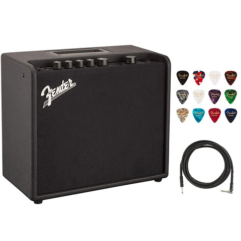 Fender Mustang LT25 Guitar Amplifier Bundle with Fender Classic Celluloid Guitar Picks (12-Pack) and 10ft Pro Series Instrument Cable STR/ANG