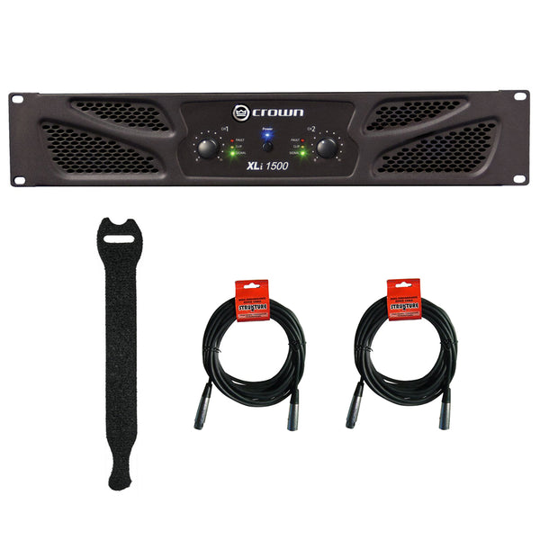 Crown Audio XLi 1500 Stereo Power Amplifier with Touch Fastener Straps (10-Pack) & (2) XLR Cable Bundle